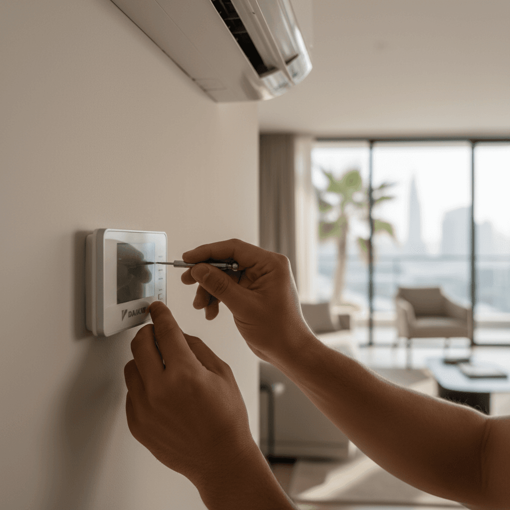 Technician adjusting air conditioning unit controls