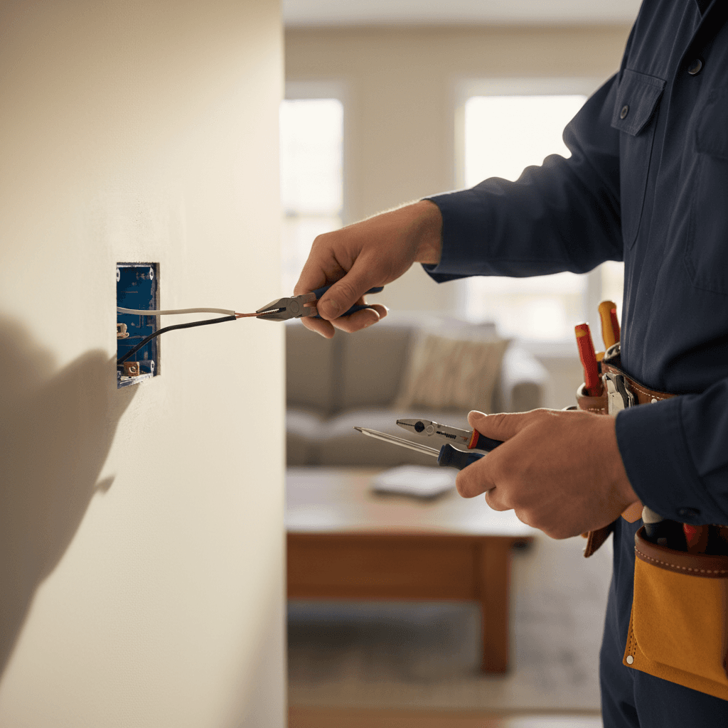 Electrician testing a wall outlet with voltage tester