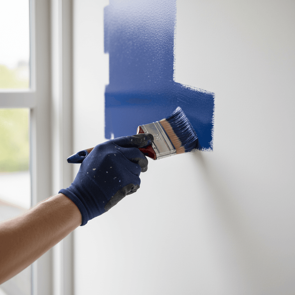 Painter carefully applying paint to wall trim with precision