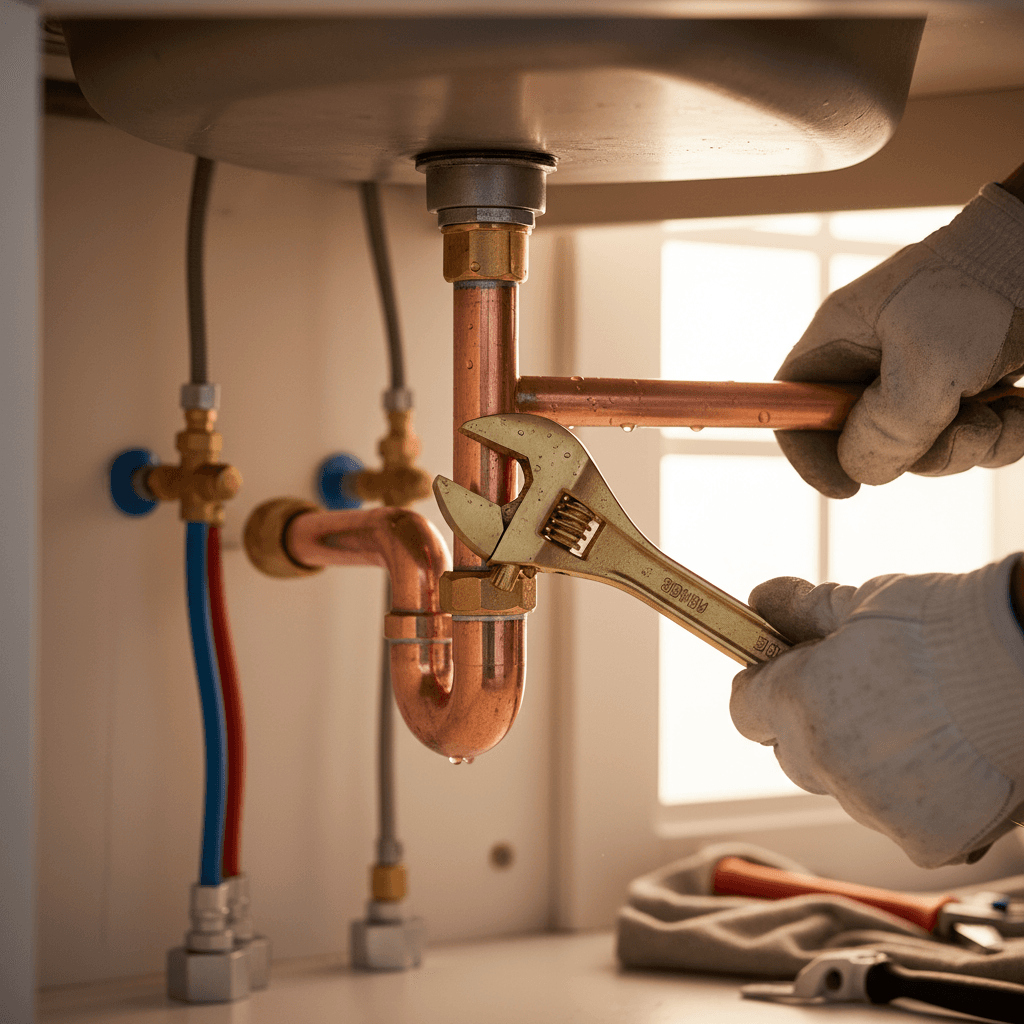 Plumber tightening a pipe connection under a sink