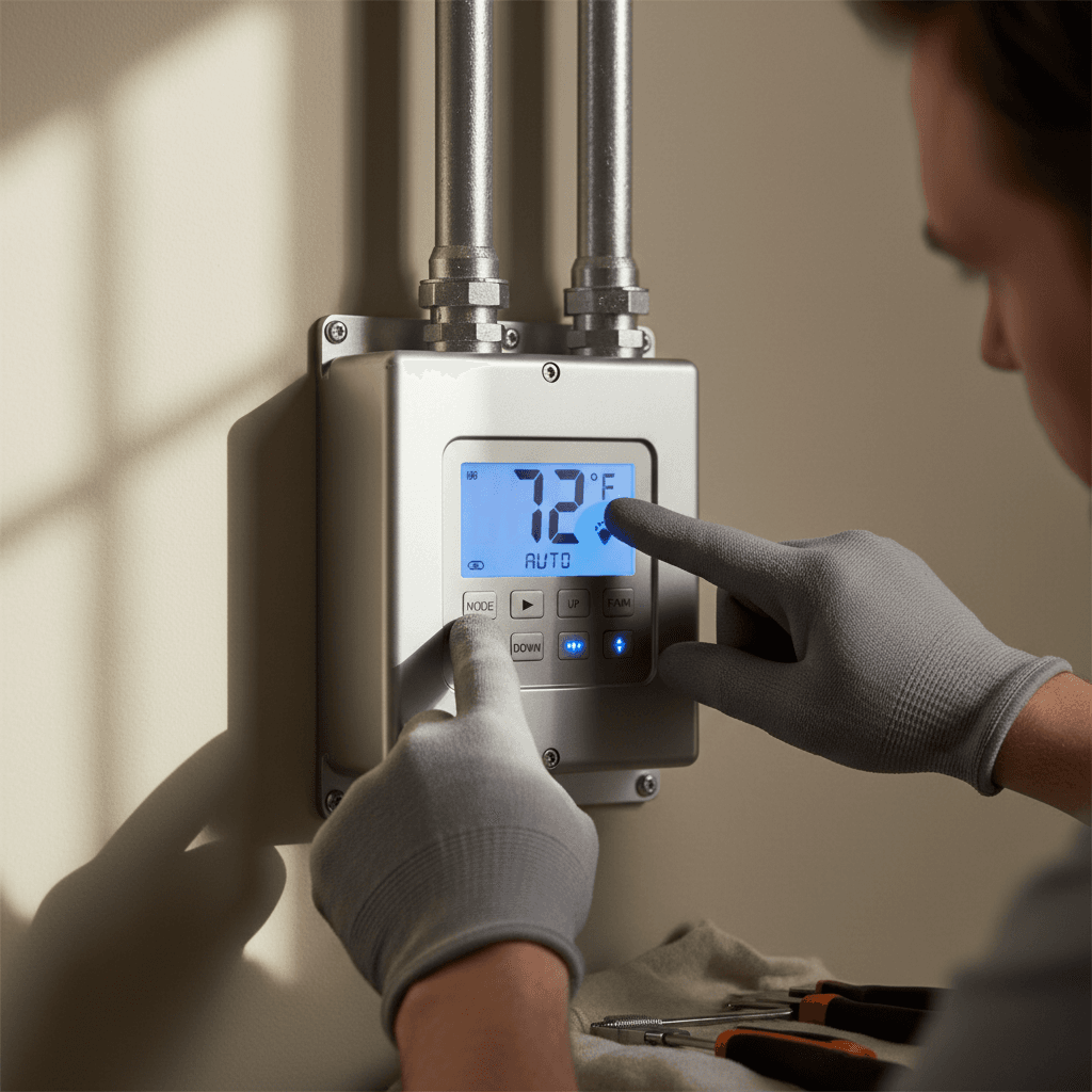 Technician adjusting AC thermostat with precision in a Dubai home