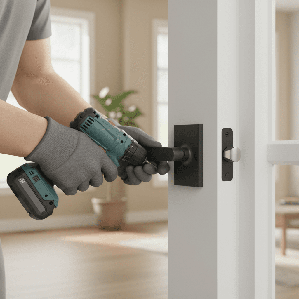 Handyman installing a door hinge with precision